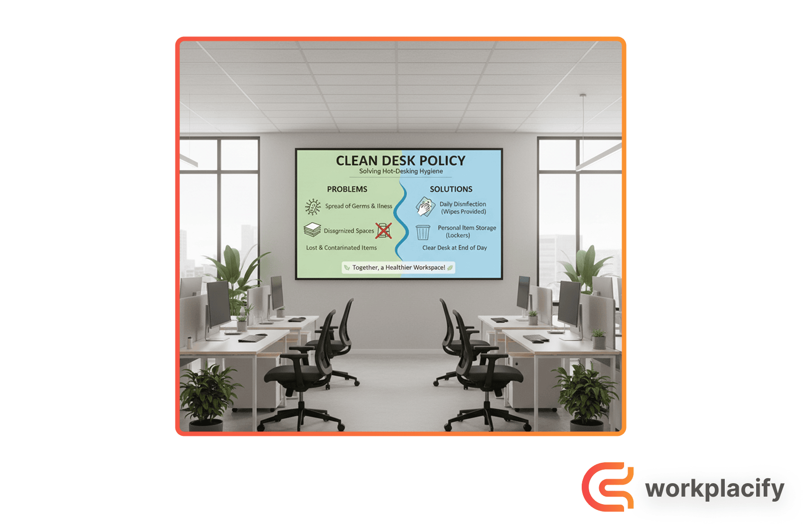 An infographic outlining the key points of a clean desk policy for solving hot desking problems related to hygiene.