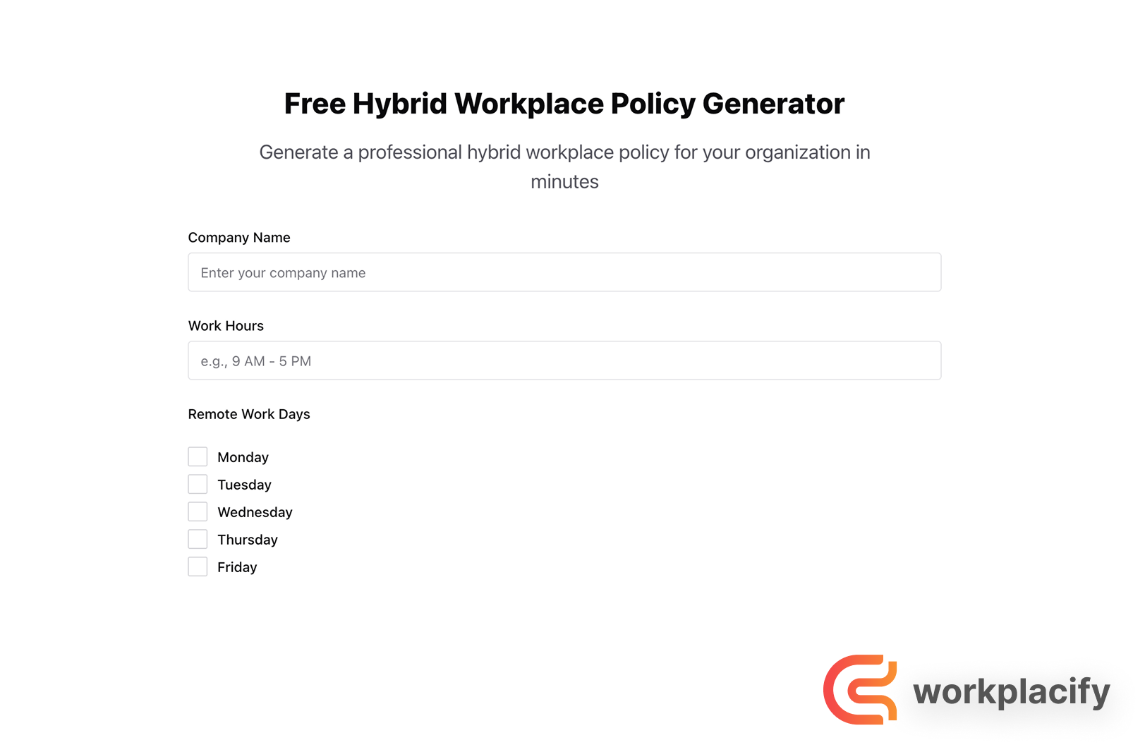 A view of the Workplacify free hybrid work policy generator interface, a simple tool for HR managers.