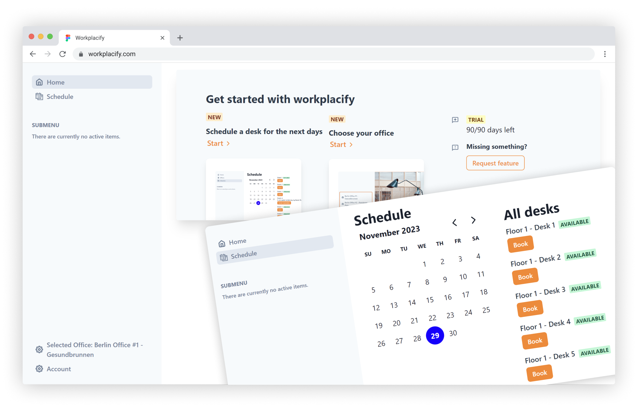 Image showing the Workplacify dashboard with multiple desk reservations that are planned.