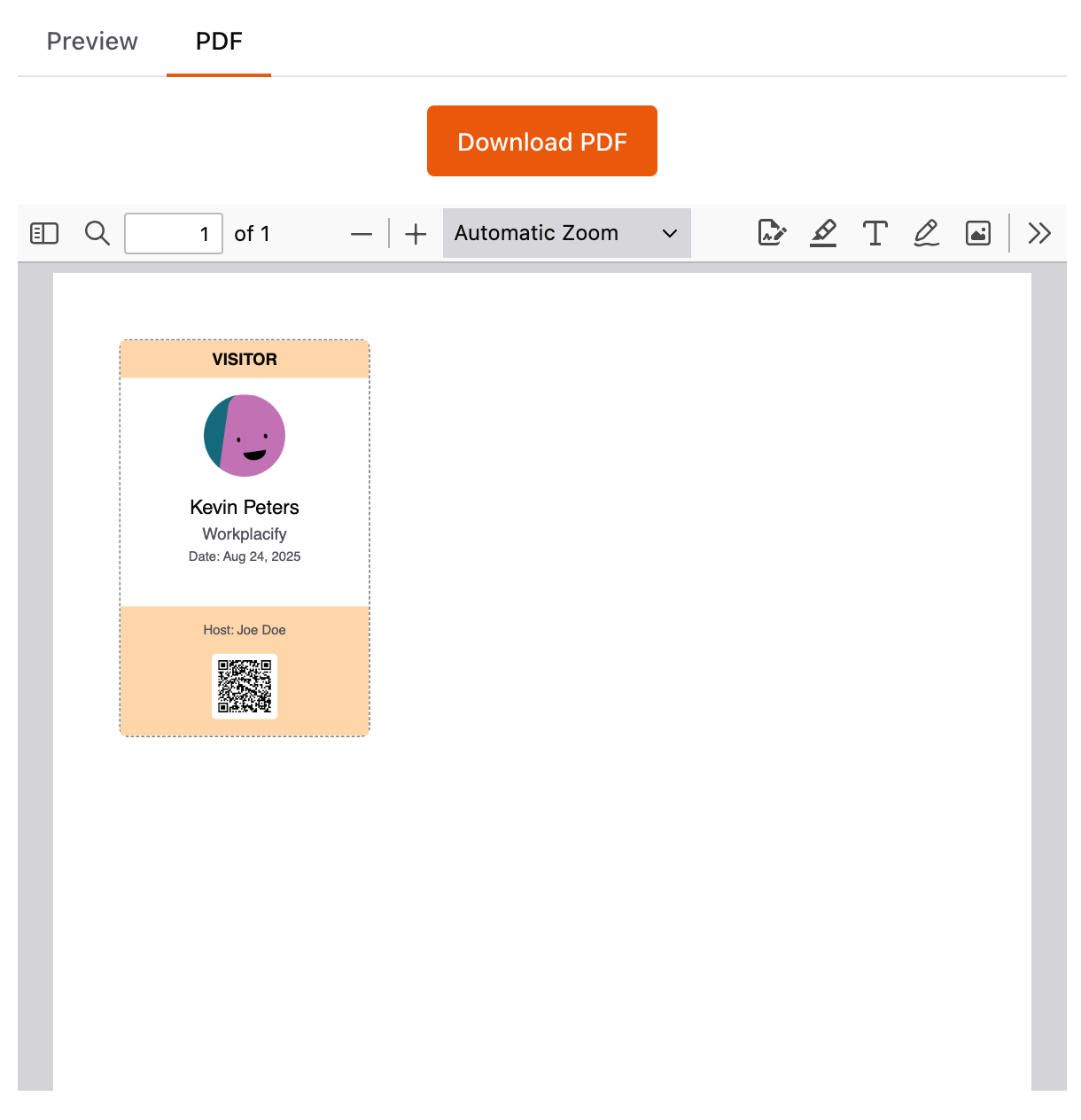 Visitor badge generator preview with photo and QR code